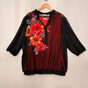 Susan Graver Peasant Blouse Floral w/ Black Sheer Sleeves Whimsigoth 2X